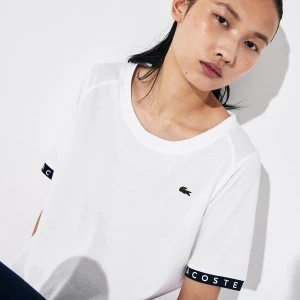 Lacoste Damski Sportowy T-Shirt Do Gry W Tenisa Z Lejącego Materiału Z Rękawami W Napisy