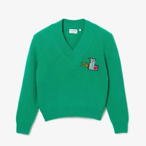 Lacoste damski wełniany sweter świąteczny z dekoltem w kształcie litery V