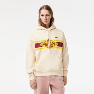 Lacoste Erkek Loose Fit Kapüşonlu Baskılı Beyaz Sweatshirt