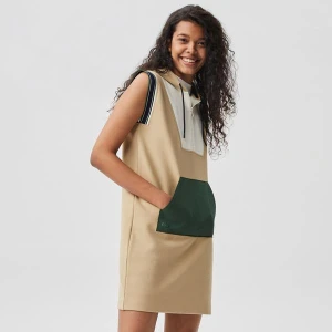 Lacoste Kadın Kolsuz Kapüşonlu Renk Bloklu Krem Elbise