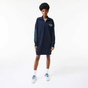 Lacoste Kadın Loose Fit Uzun Kollu Fermuarlı Organik Pamuk Lacivert Elbise