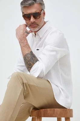 Lacoste koszula lniana kolor biały regular z kołnierzykiem button-down