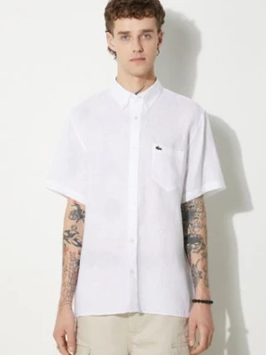 Lacoste koszula lniana kolor biały regular z kołnierzykiem button-down