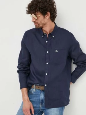 Lacoste koszula lniana kolor granatowy regular z kołnierzykiem button-down