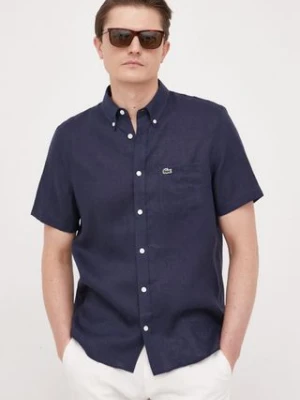 Lacoste koszula lniana kolor granatowy regular z kołnierzykiem button-down