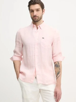 Lacoste koszula lniana kolor różowy regular z kołnierzykiem button-down