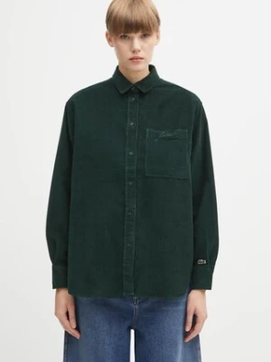 Lacoste koszula sztruksowa damska kolor zielony regular z kołnierzykiem klasycznym CF5336