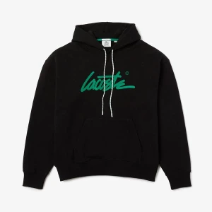 Lacoste L!VE Erkek Relaxed Fit Kapüşonlu Baskılı Siyah Sweatshirt