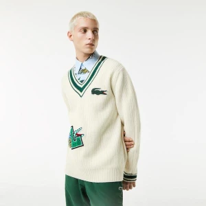 Lacoste męski sweter świąteczny w pasy z dekoltem w kształcie litery V i naszywką w komiksowym stylu