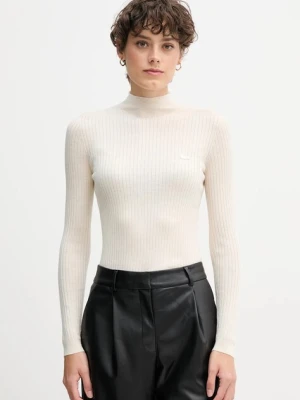 Lacoste sweter wełniany damski kolor beżowy lekki z półgolfem AF4189