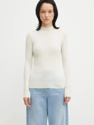 Lacoste sweter wełniany damski kolor beżowy lekki z półgolfem AF4189