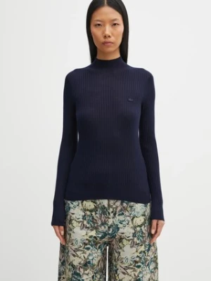 Lacoste sweter wełniany damski kolor granatowy lekki z półgolfem AF4189