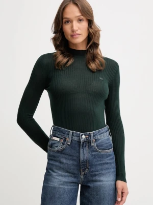 Lacoste sweter wełniany damski kolor zielony lekki z półgolfem AF4189