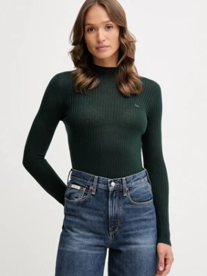 Lacoste sweter wełniany damski kolor zielony lekki z półgolfem AF4189