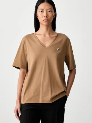 Lacoste T-shirt basic damski bawełniany brązowy