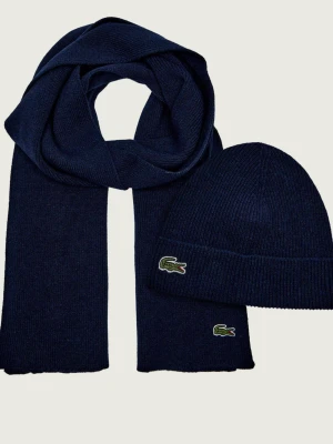 Lacoste Wełniany szal + czapka granatowy