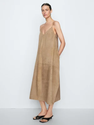 Łączona Sukienka Ze Skóry Zamszowej – Studio - Popielaty - - Massimo Dutti - Kobieta