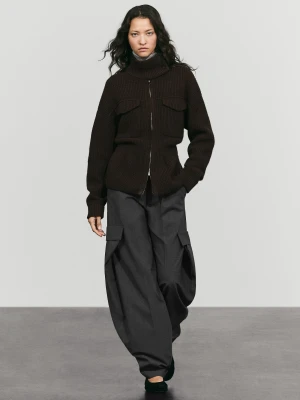 Łączony Kardigan Z Dzianiny I Skóry Zamszowej Z Kieszeniami - Brązowy - Massimo Dutti - Female