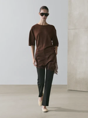 Sweter Łączony Z Koronką - Brązowy - - Massimo Dutti - Kobieta