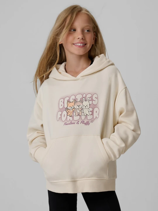 Zdjęcie produktu 4F Bluza dresowa loose z kapturem dziewczęca - kremowa 122 / 128 (6-8 lat) Kremowy