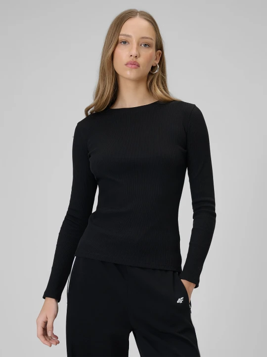 Zdjęcie produktu 4F Longsleeve slim z prążkowanej dzianiny damski - czarny XS