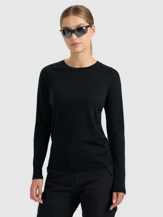 Zdjęcie produktu 4F Longsleeve trekkingowy szybkoschnący z wełną merino damski - czarny XS