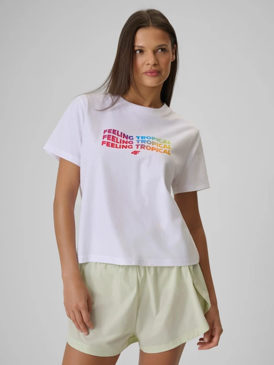 Zdjęcie produktu 4F T-shirt boxy z nadrukiem damski - biały XS