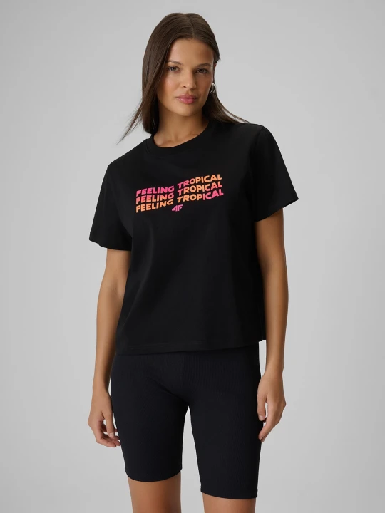 Zdjęcie produktu 4F T-shirt boxy z nadrukiem damski - czarny XS