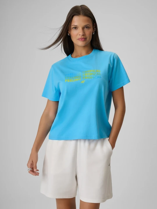 Zdjęcie produktu 4F T-shirt boxy z nadrukiem damski - niebieski XS
