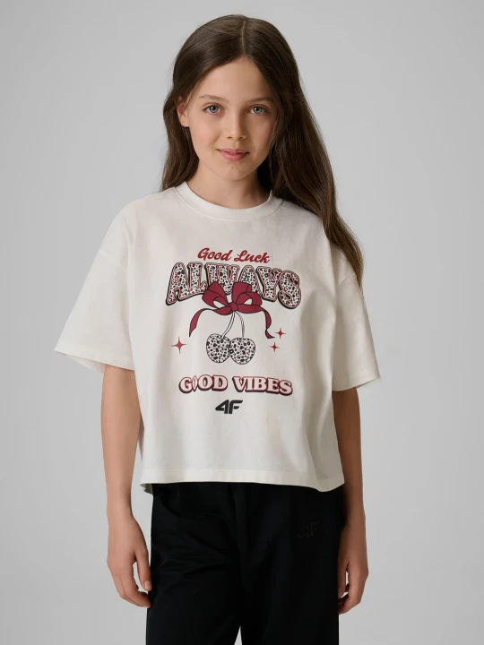 Zdjęcie produktu 4F T-shirt boxy z nadrukiem dziewczęcy - kremowy 134/140 (8-10 lat) Biały