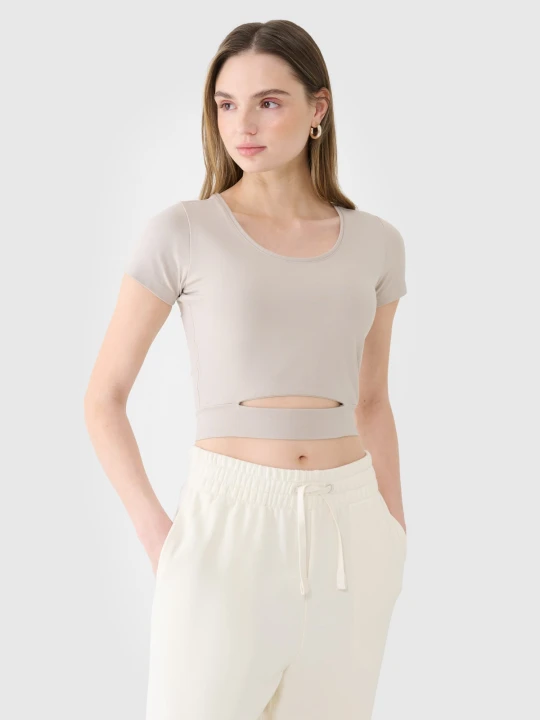 Zdjęcie produktu 4F T-shirt crop top gładki damski - beżowy XS