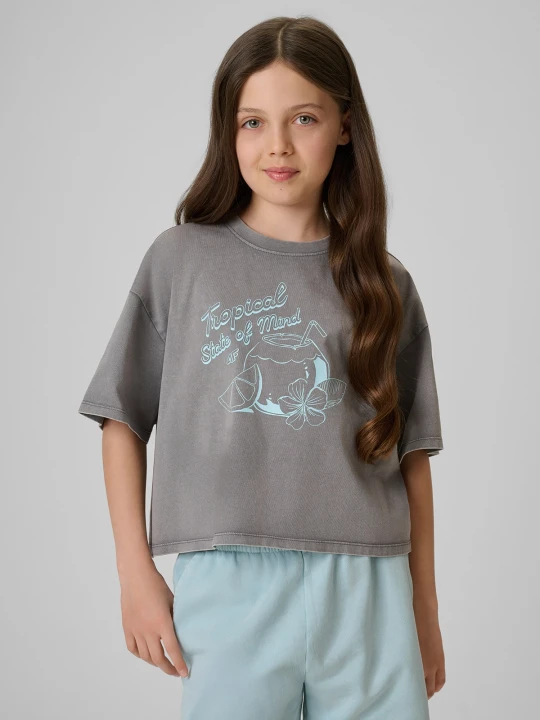 Zdjęcie produktu 4F T-shirt loose crop top z nadrukiem dziewczęcy - szary 134 / 140 (8-10 lat)