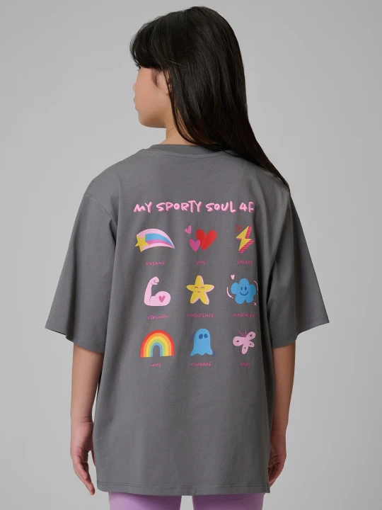 Zdjęcie produktu 4F T-shirt loose z nadrukiem dziewczęcy - szary 134/140 (8-10 lat)