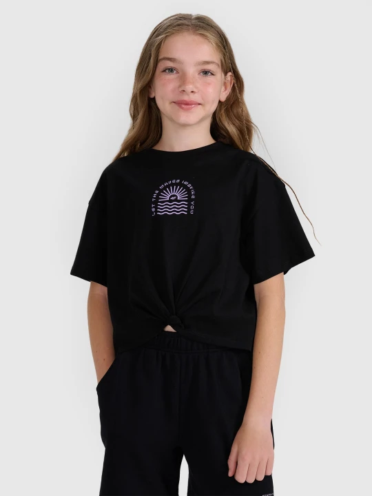 Zdjęcie produktu 4F T-shirt oversize crop top z nadrukiem dziewczęcy - czarny 122 (6-7 lat)