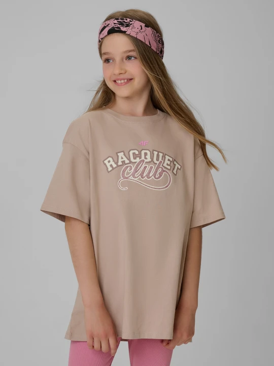 Zdjęcie produktu 4F T-shirt oversize z nadrukiem dziewczęcy - beżowy 146/152 (10-12 lat)
