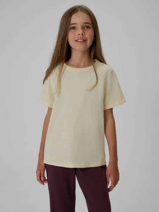 Zdjęcie produktu 4F T-shirt regular gładki dziewczęcy - kremowy 152 (11-12 lat) Beżowy