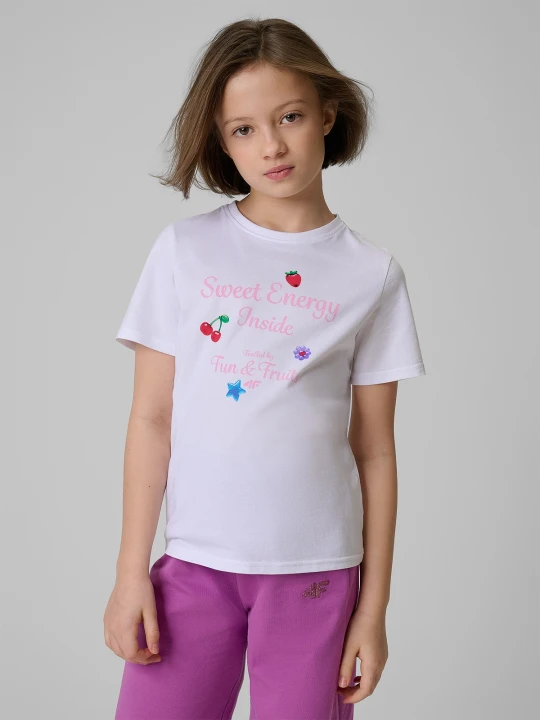 Zdjęcie produktu 4F T-shirt regular z nadrukiem dziewczęcy - biały 134 (8-9 lat)