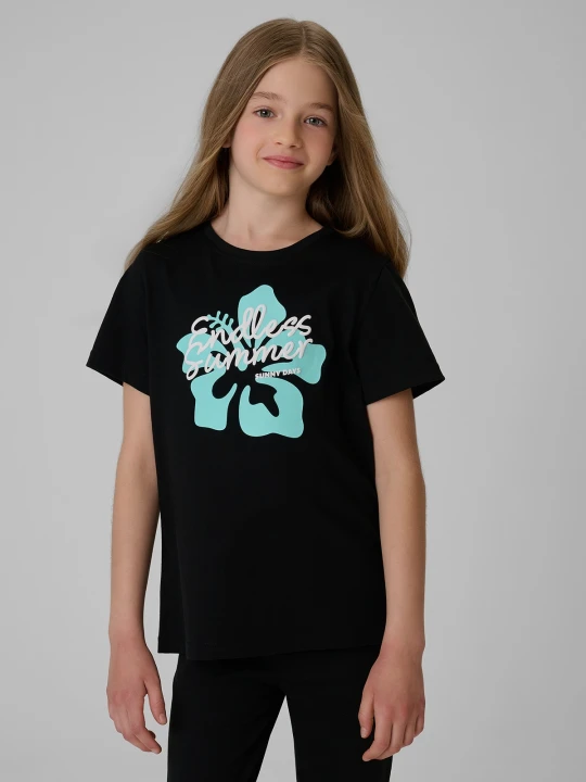 Zdjęcie produktu 4F T-shirt regular z nadrukiem dziewczęcy - czarny 122 (6-7 lat)