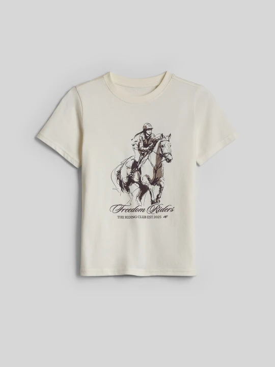 Zdjęcie produktu 4F T-shirt regular z nadrukiem dziewczęcy - kremowy 152 (11-12 lat) Biały