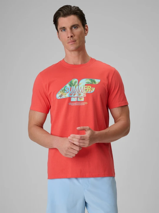 Zdjęcie produktu 4F T-shirt regular z nadrukiem męski - koralowy XL Różowy