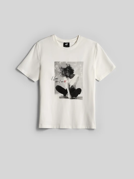 Zdjęcie produktu 4F T-shirt relaxed z nadrukiem damski - kremowy XS