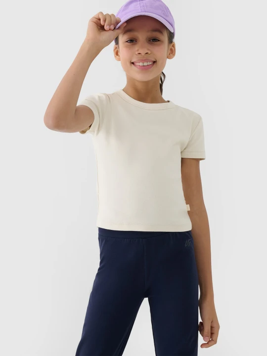 Zdjęcie produktu 4F T-shirt slim crop top gładki dziewczęcy - beżowy 152 (11-12 lat)