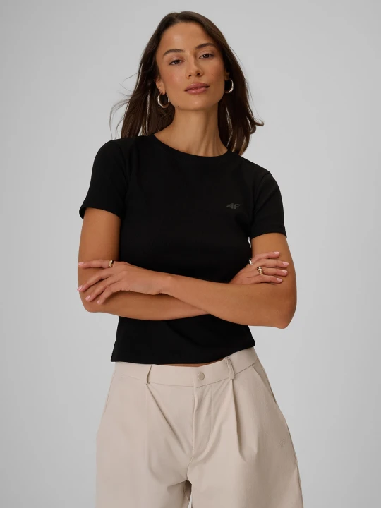 Zdjęcie produktu 4F T-shirt slim prążkowany damski - czarny XXL