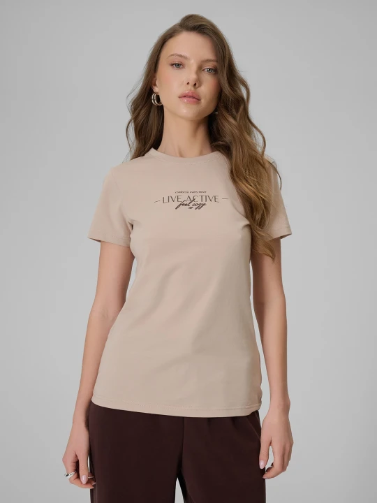 Zdjęcie produktu 4F T-shirt slim z nadrukiem damski - beżowy XS