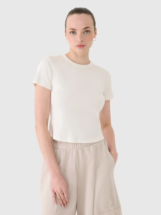 Zdjęcie produktu 4F T-shirt slim z prążkowanej dzianiny damski - biały XS