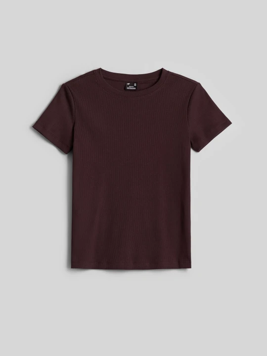 Zdjęcie produktu 4F T-shirt slim z prążkowanej dzianiny damski - brązowy S