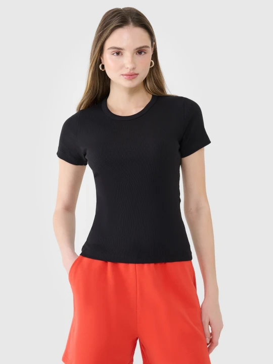Zdjęcie produktu 4F T-shirt slim z prążkowanej dzianiny damski - czarny XS