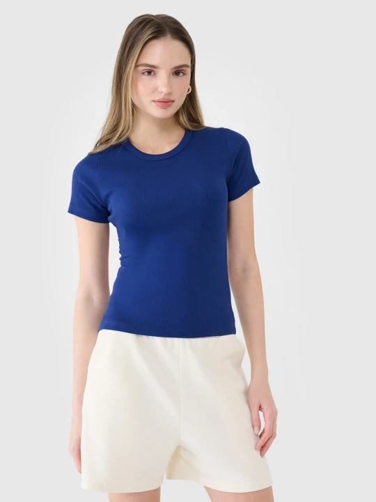 Zdjęcie produktu 4F T-shirt slim z prążkowanej dzianiny damski - granatowy XS