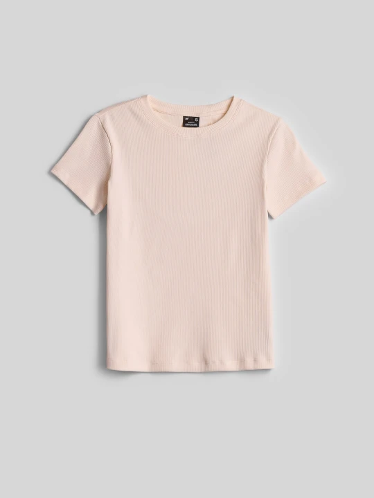 Zdjęcie produktu 4F T-shirt slim z prążkowanej dzianiny damski - kremowy L
