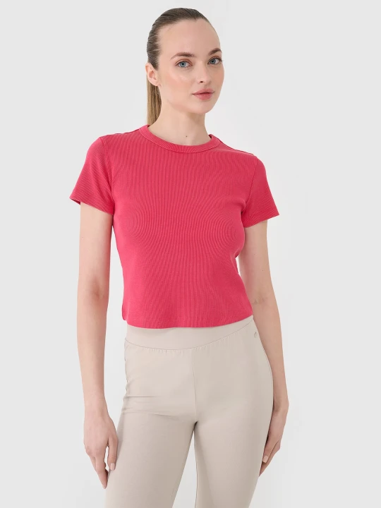 Zdjęcie produktu 4F T-shirt slim z prążkowanej dzianiny damski - różowy S